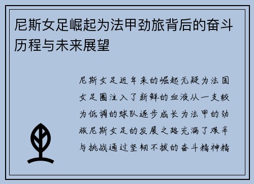 尼斯女足崛起为法甲劲旅背后的奋斗历程与未来展望