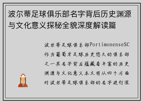 波尔蒂足球俱乐部名字背后历史渊源与文化意义探秘全貌深度解读篇 波尔蒂足球俱乐部名字背后历史渊源与文化意义探秘全貌深度解读篇