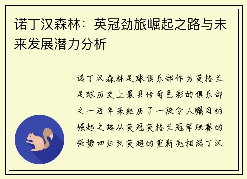 诺丁汉森林:英冠劲旅崛起之路与未来发展潜力分析 诺丁汉森林:英冠劲旅崛起之路与未来发展潜力分析