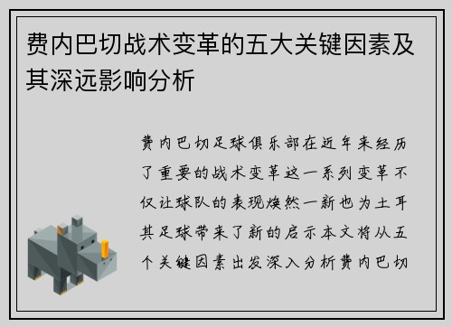 费内巴切战术变革的五大关键因素及其深远影响分析 费内巴切战术变革的五大关键因素及其深远影响分析